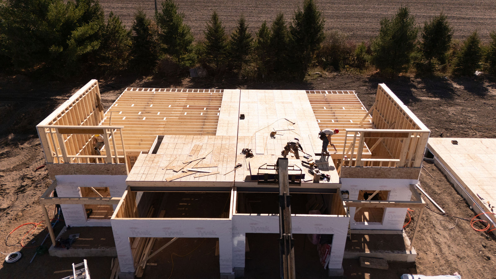 Exterior view of residential framing progress