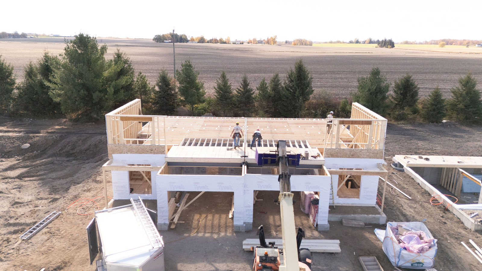 Residential jobsite framing progress from above