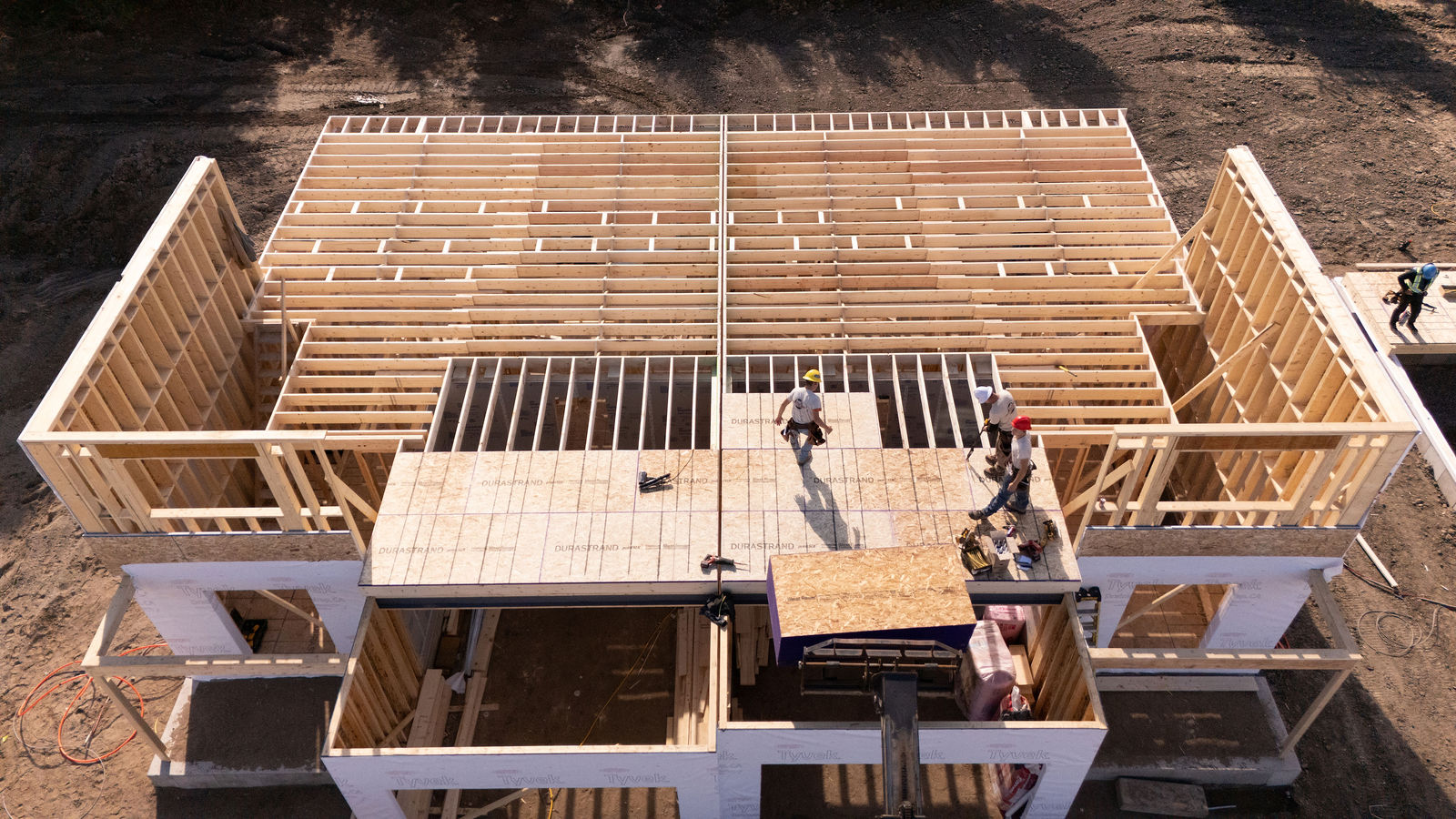 Close aerial view of custom home framing details