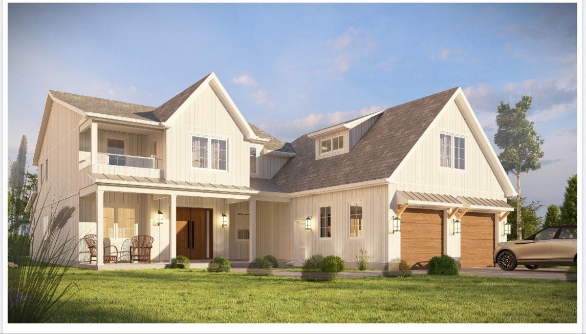 Custom home exterior concept used for planning layout and finish details