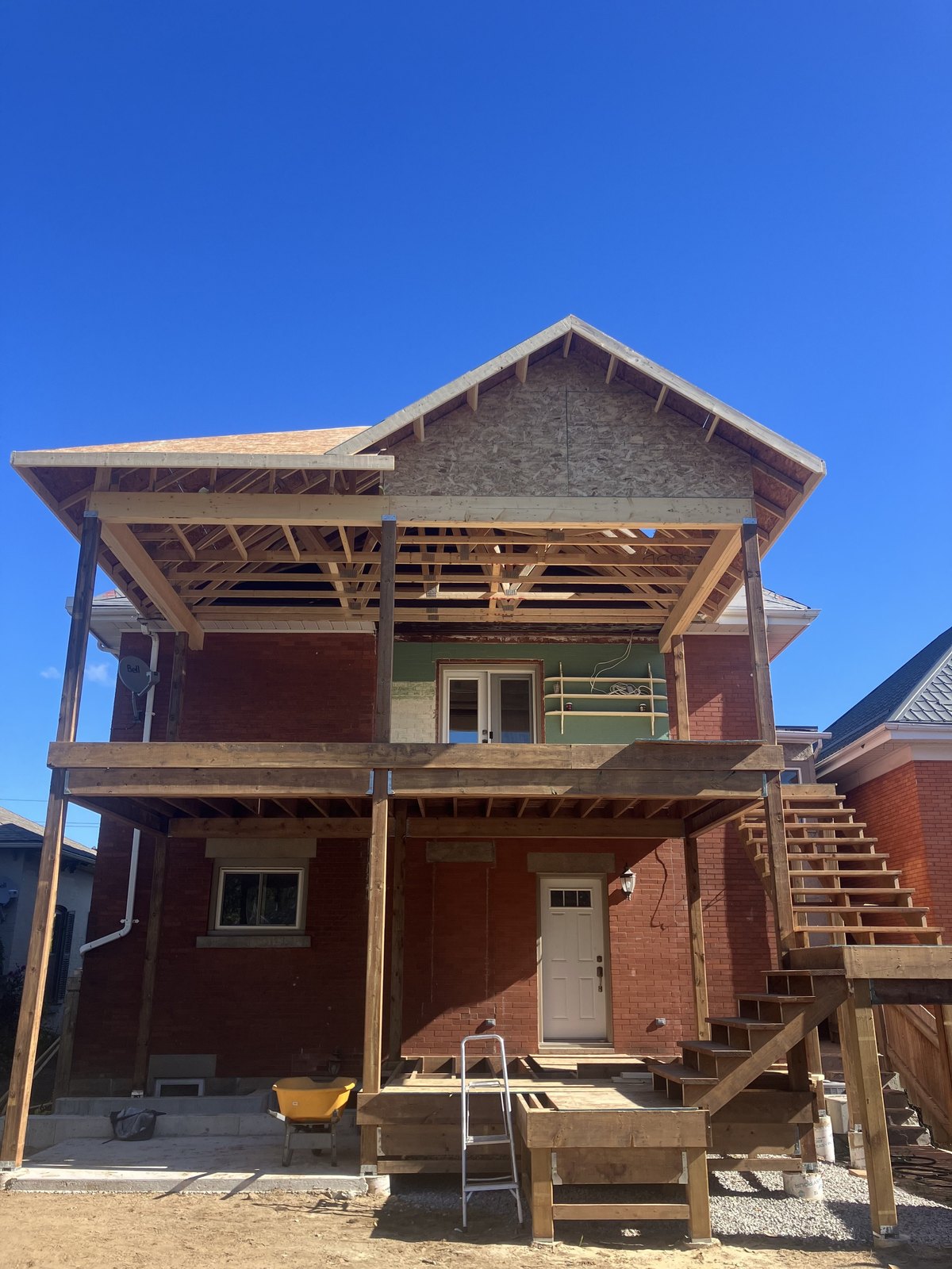 Raised deck stair and platform framing in progress