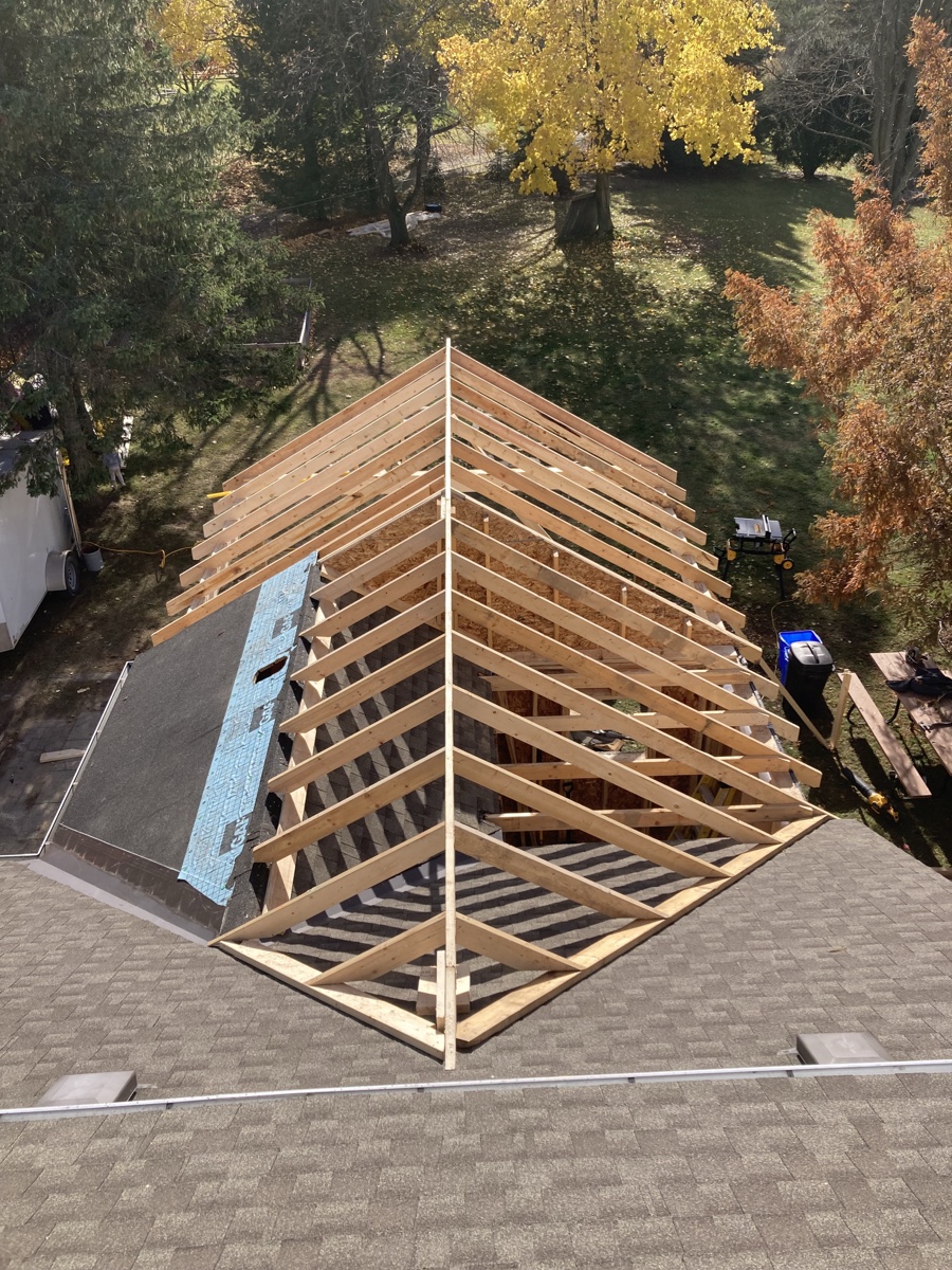 Roof rafters being framed for a residential addition