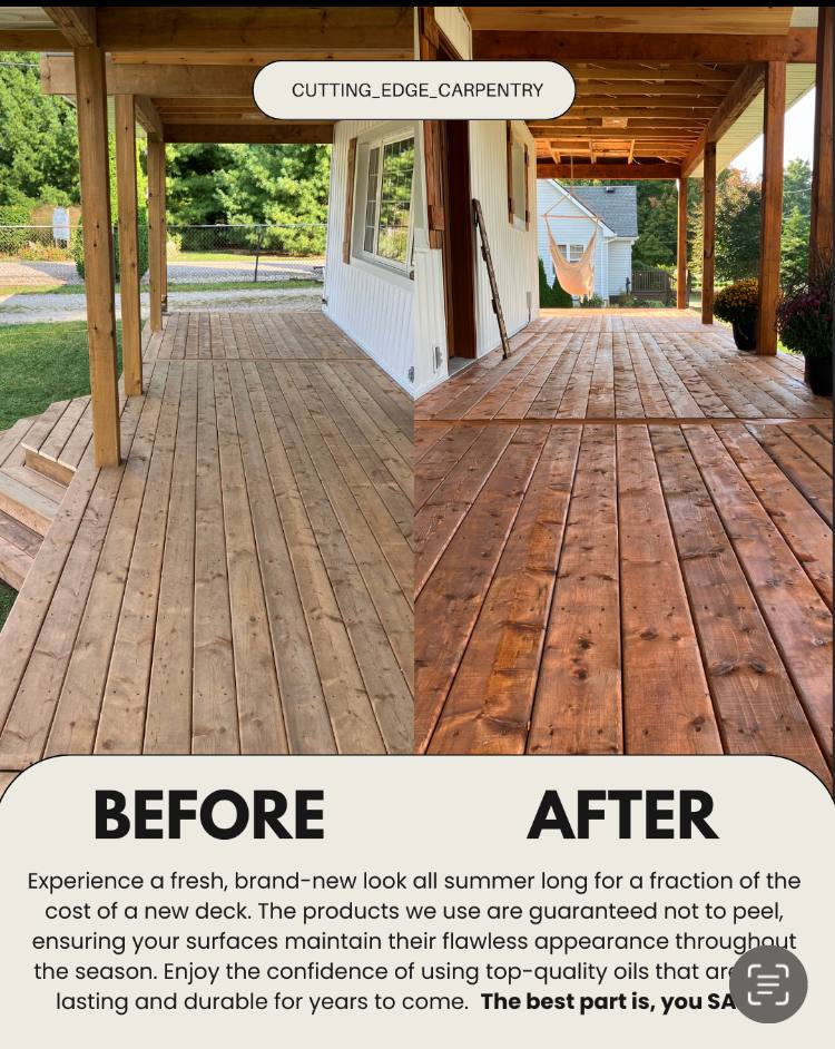 Before and after deck refinishing comparison showing refreshed wood colour
